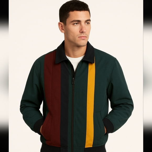 Vintage Tommy Hilfiger Men's Striped Bomber Jacket - Green Maroon Yellow